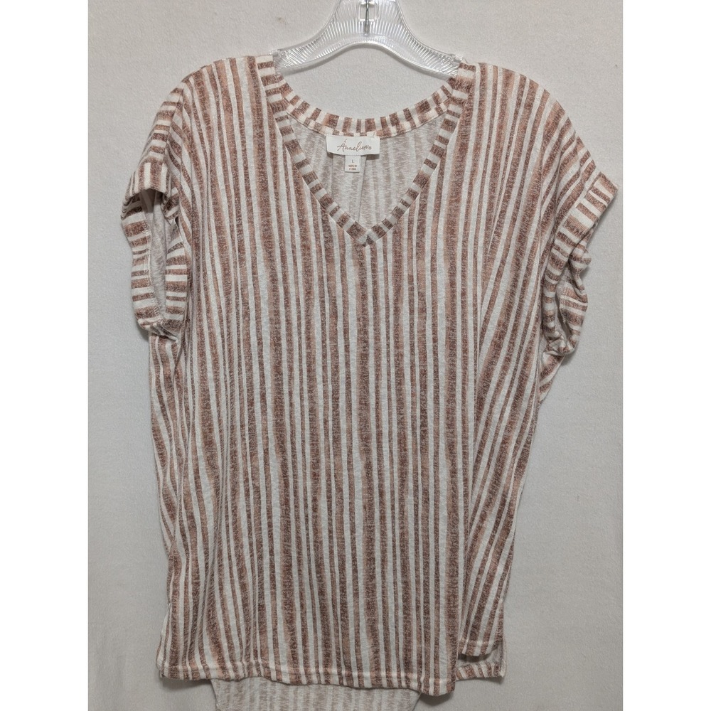 Anneliese Womens V-Neck Striped Cap Sleeve Top Terracotta Cream Large